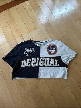Desigual Navy, Black & White Patchwork Logo Crop Tee